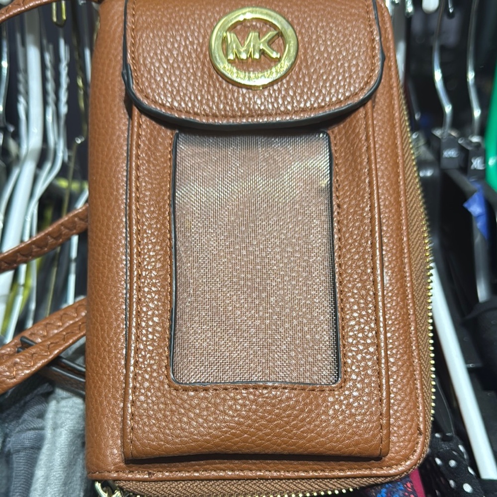 Faux Michael Kors Tan Leather Phone Crossbody knock off